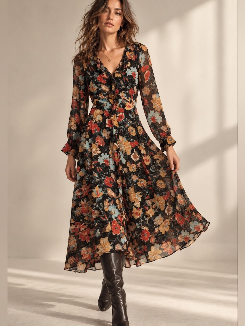Sézane Floral V-Neck Midi Dress Black Multicolor Size 34 XS